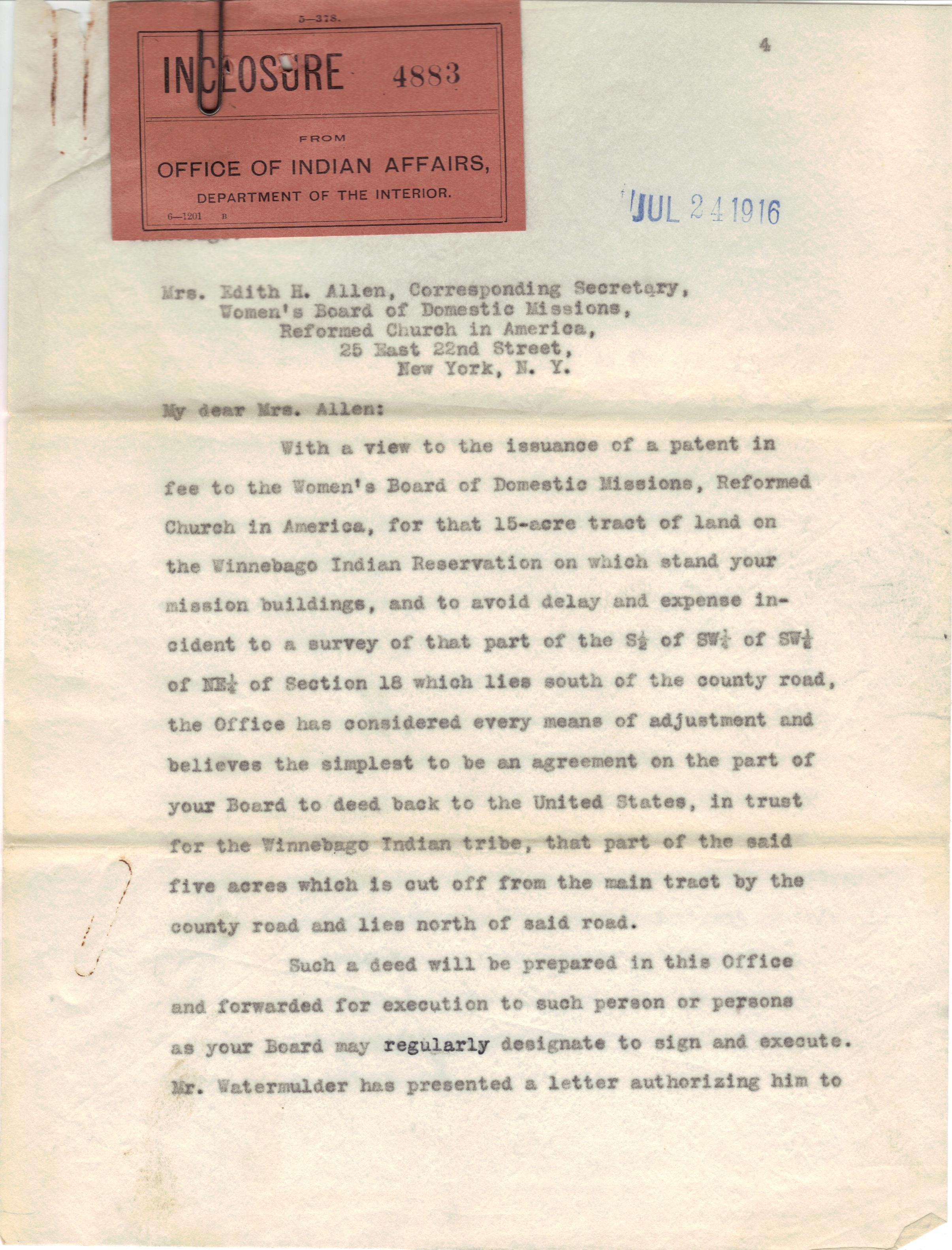July 24, 1916: Advice regarding cemetay land transfer (1)